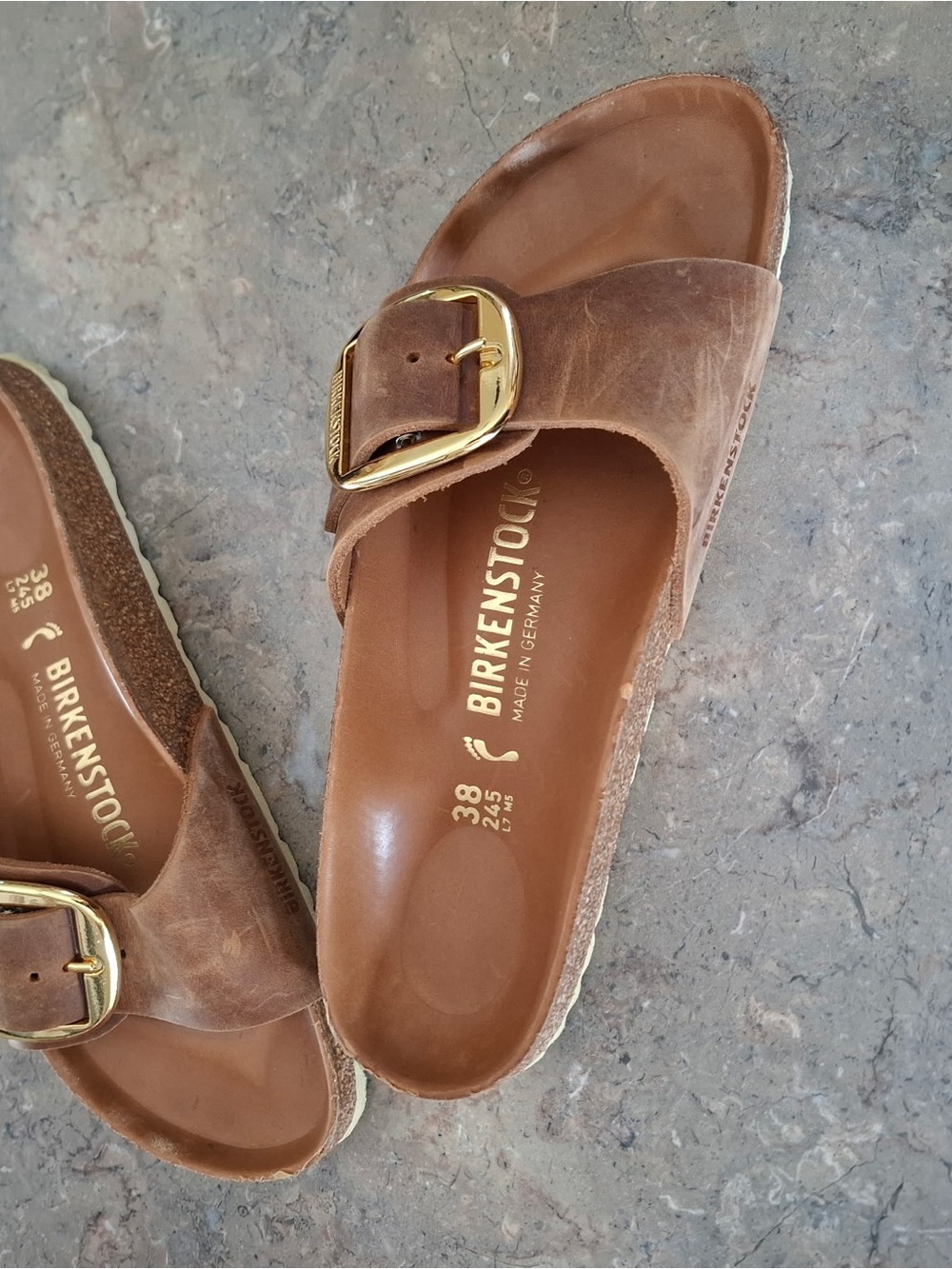 Birkenstock Women's Brown Leather Slide Mules with Gold Buckles - Picture 3 of 4